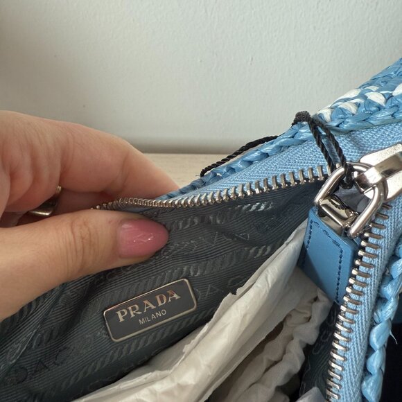 NWT Prada Re-Edition Mini Shoulder Bag Celeste Raffia Gingham Pattern Chain - Picture 10 of 10